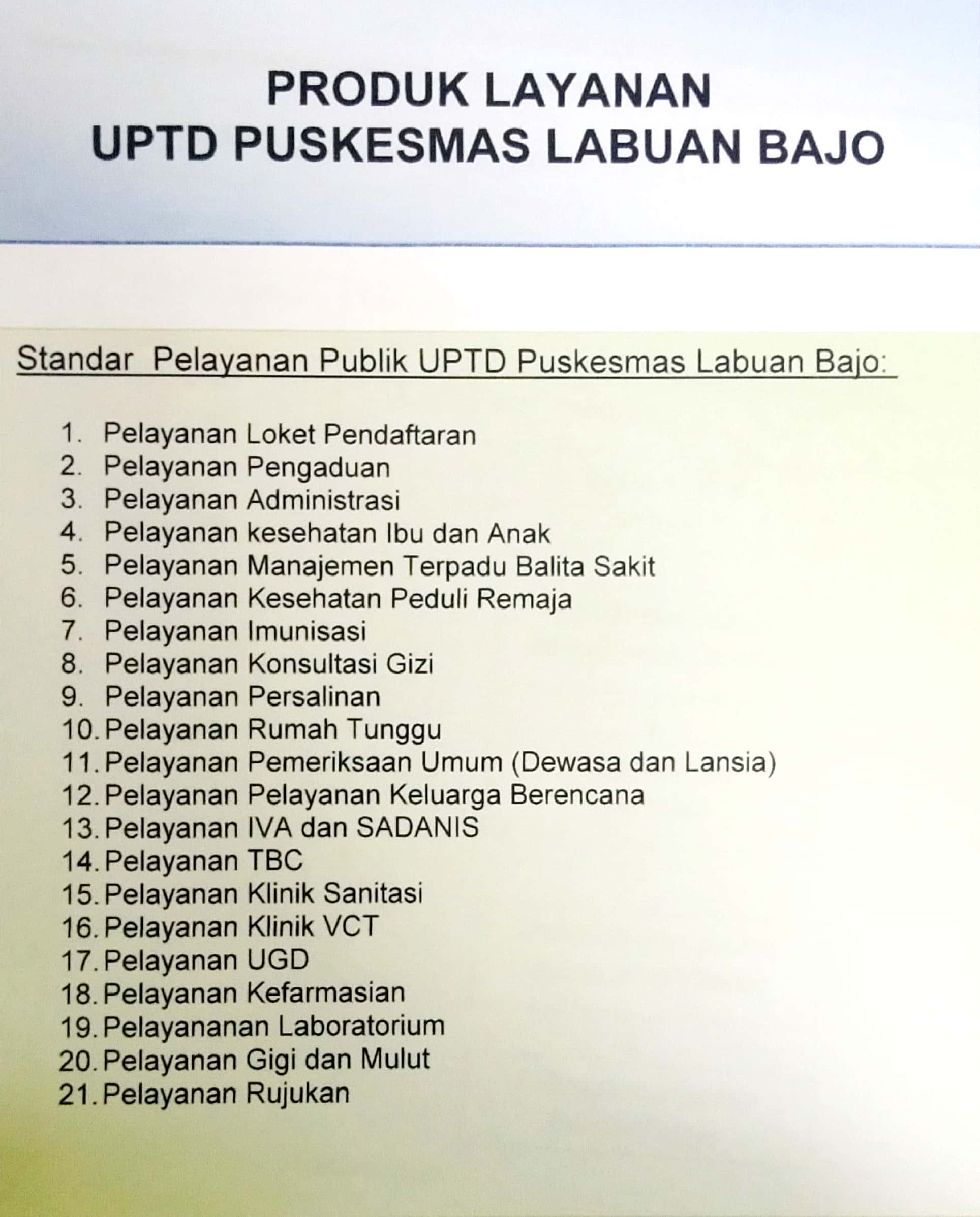 PRODUK LAYANAN UPTD PUSKESMAS LABUAN BAJO